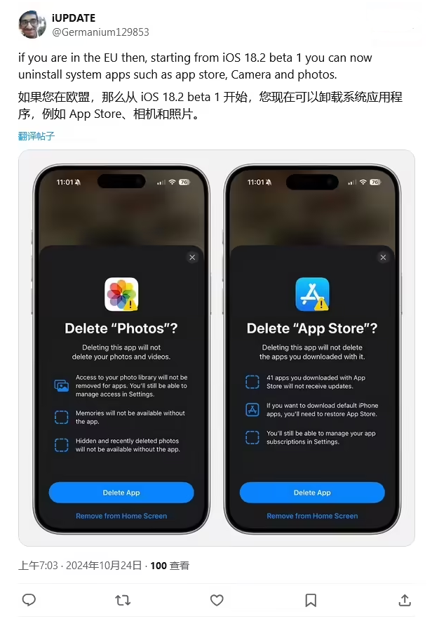 滨海苹果手机维修分享iOS 18.2 支持删除 App Store 应用商店 